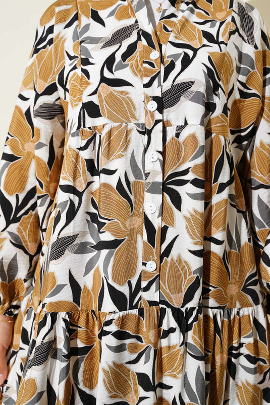 Robe à col mandarin et motifs floraux moutarde