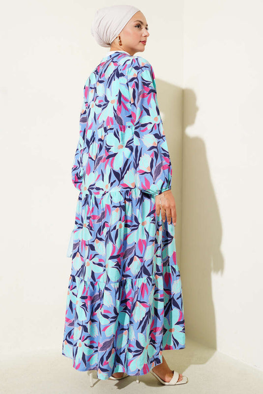 Grandad Collar Floral Patterned Dress Blue