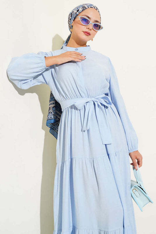 Grandad Collar Hidden Button Floor Dress Blue