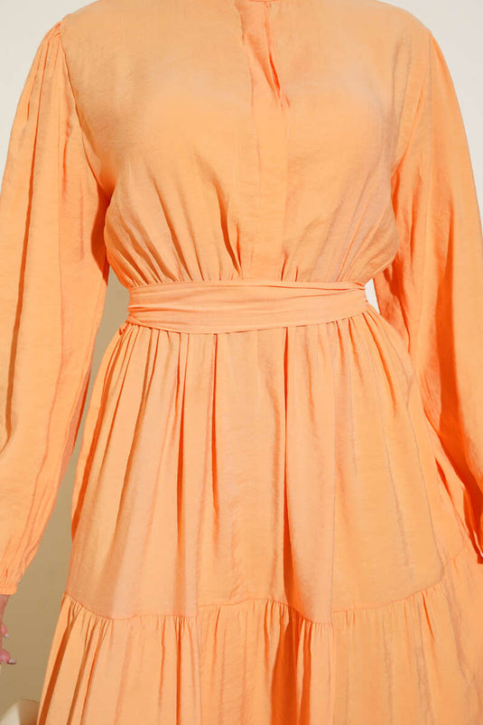 فستان أرضي بأزرار مخفية وياقة جد، برتقالي