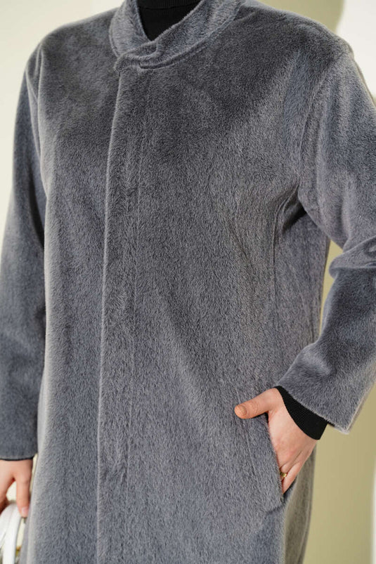 Mandarin Collar Goldfox Coat, Smoke Grey