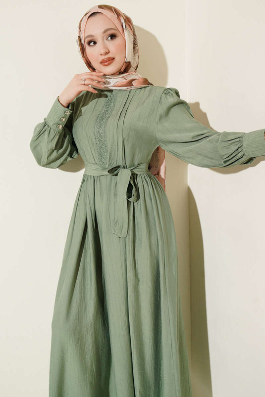 Hakim Collar Lace Belted Dress in Pistachio Green