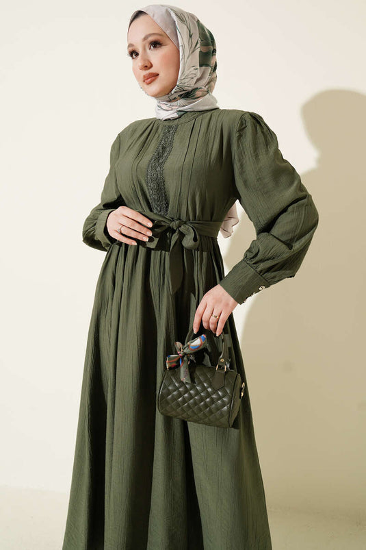 Hakim Collar Lace Belted Dress Khaki