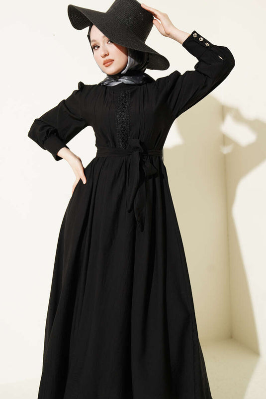 Hakim Collar Lace Belted Dress Black
