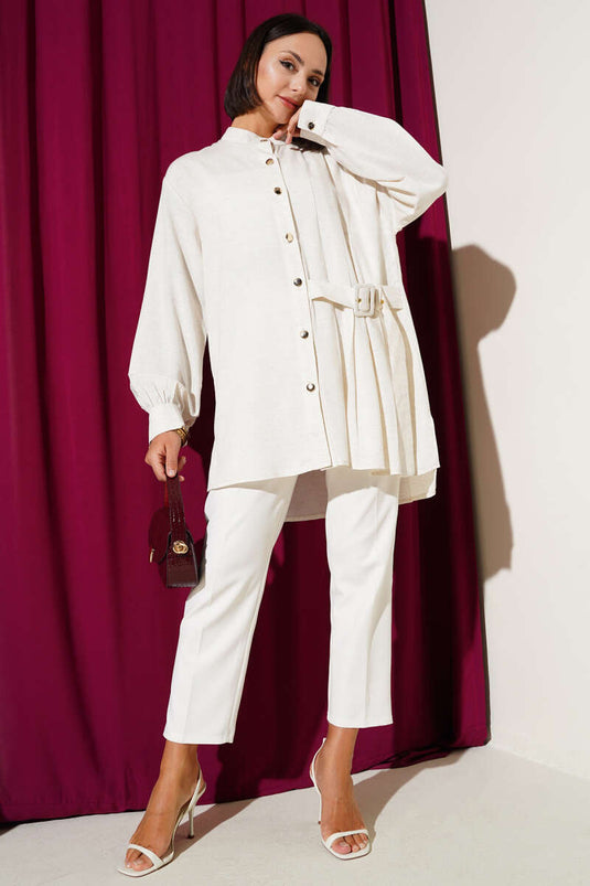 Doctor Collar Belt Detailed Tunic Beige