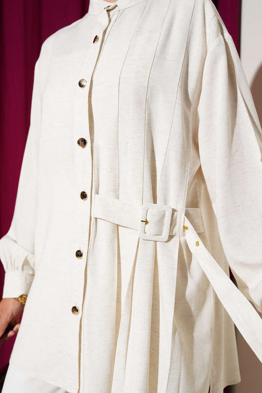 Tunique beige à col montant avec ceinture détaillée Hakim Yaka