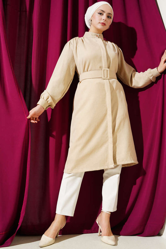 Chemise longue ceinturée à col juge beige