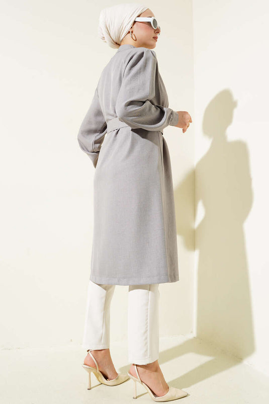 Chemise longue ceinturée à col juge grise