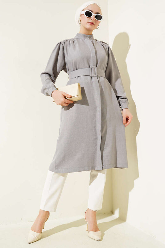 Chemise longue ceinturée à col juge grise