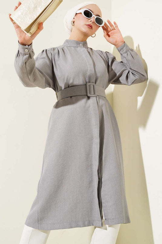 Chemise longue ceinturée à col juge grise