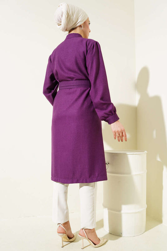 Chemise longue ceinturée à col juge violette