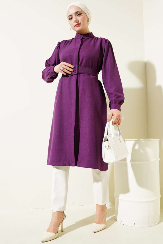 Chemise longue ceinturée à col juge violette