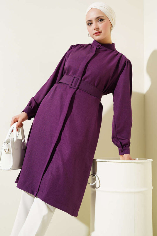 Chemise longue ceinturée à col juge violette