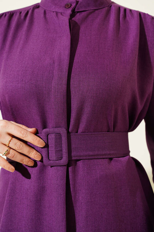Chemise longue ceinturée à col juge violette