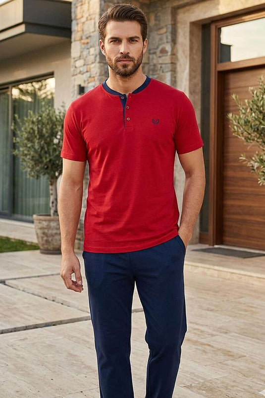 Hakim Yaka Kısa Kol Erkek Pijama Takımı Bordo