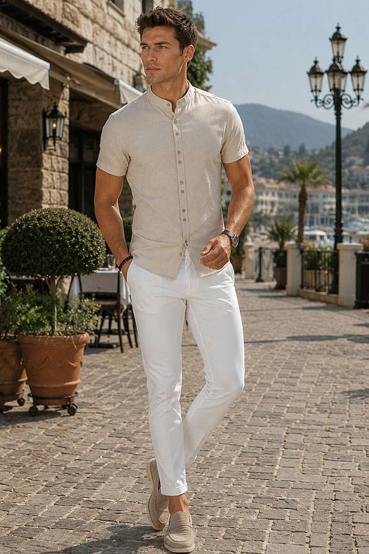 Hakim Yaka Kısa Kol Slim Fit Erkek Gömlek Bej