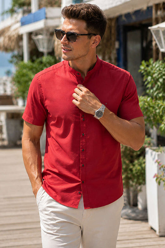 Hakim Yaka Kısa Kol Slim Fit Erkek Gömlek Bordo