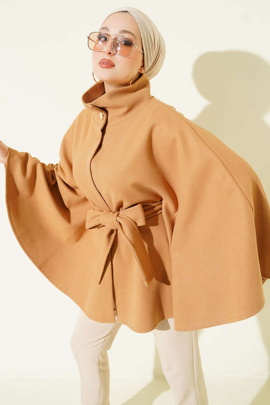 Hakim Yaka Kuşaklı Kaşe Panço Camel
