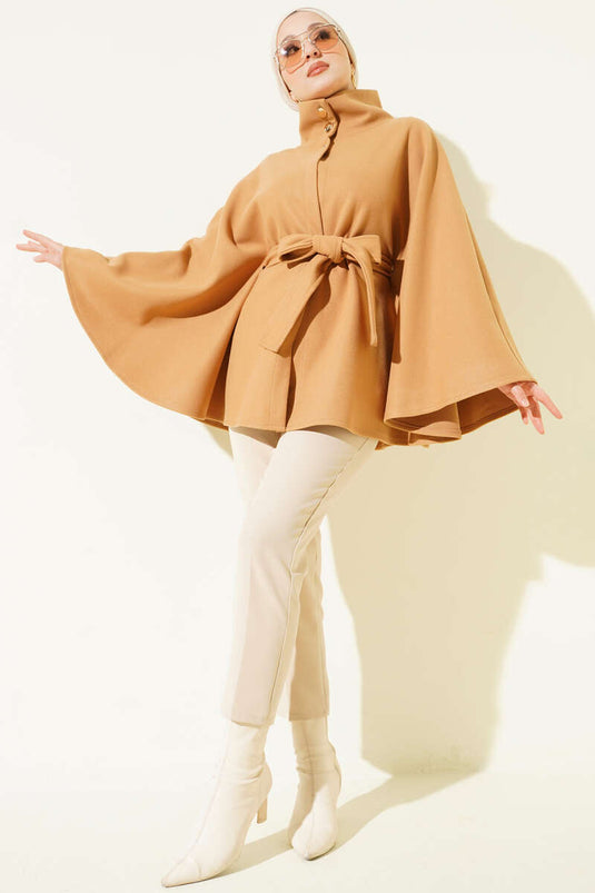 Hakim Yaka Kuşaklı Kaşe Panço Camel