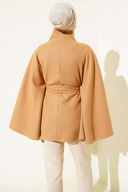 Hakim Yaka Kuşaklı Kaşe Panço Camel