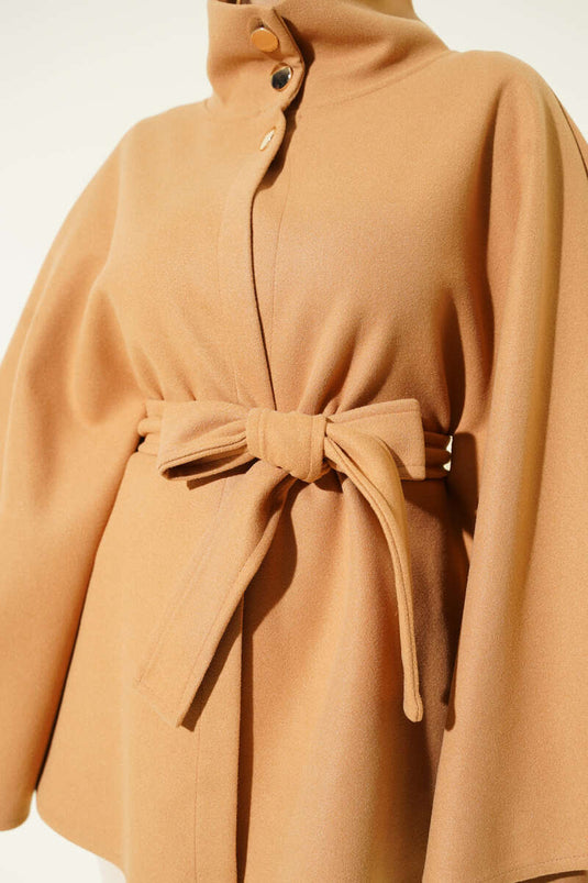 Hakim Yaka Kuşaklı Kaşe Panço Camel