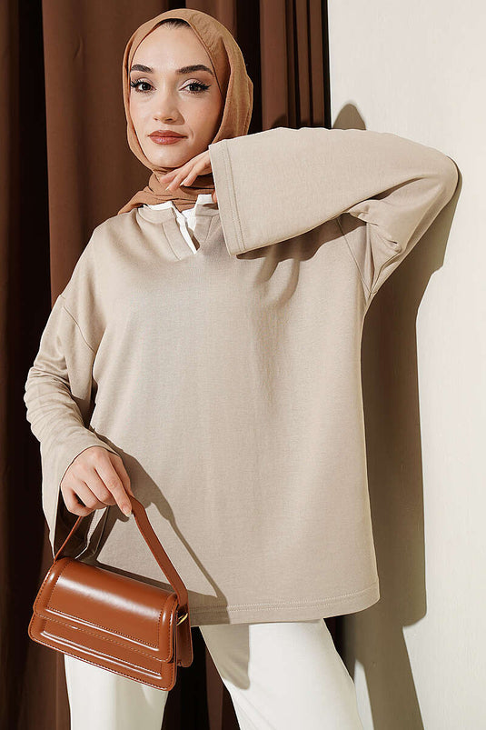 Hakim Collar Ribbon Tunic Beige