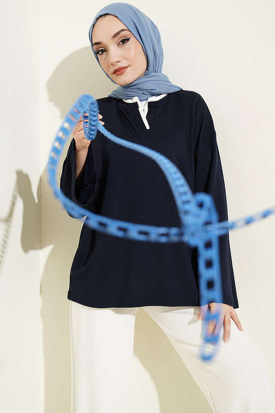 Tunika Con Collo Henley Blu Navy