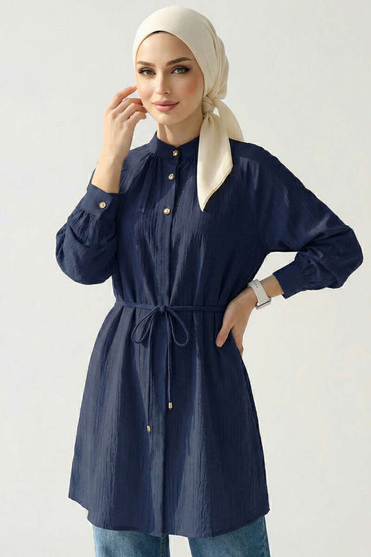Hakim Collar Buttoned Shirt Navy Blue