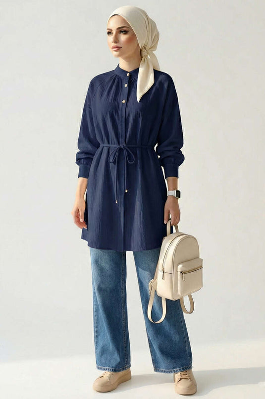 Hakim Collar Buttoned Shirt Navy Blue