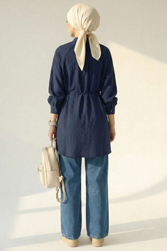 Hakim Collar Buttoned Shirt Navy Blue