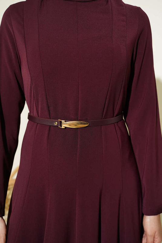 Hakim Collar Pleated Belted Dress Burgundy