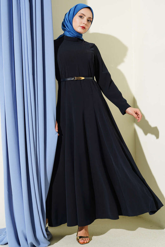 Hakim Collar Pleated Belted Dress Navy Blue