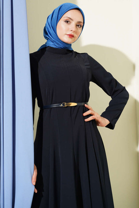 Hakim Collar Pleated Belted Dress Navy Blue