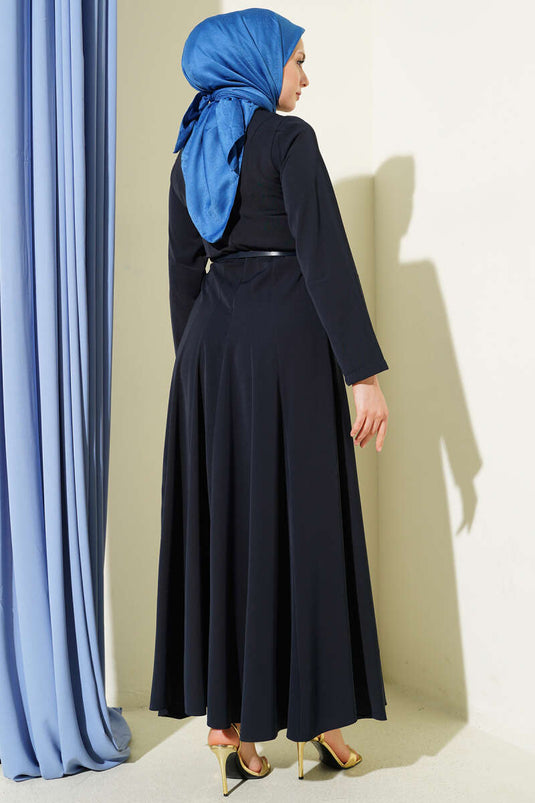 Hakim Collar Pleated Belted Dress Navy Blue