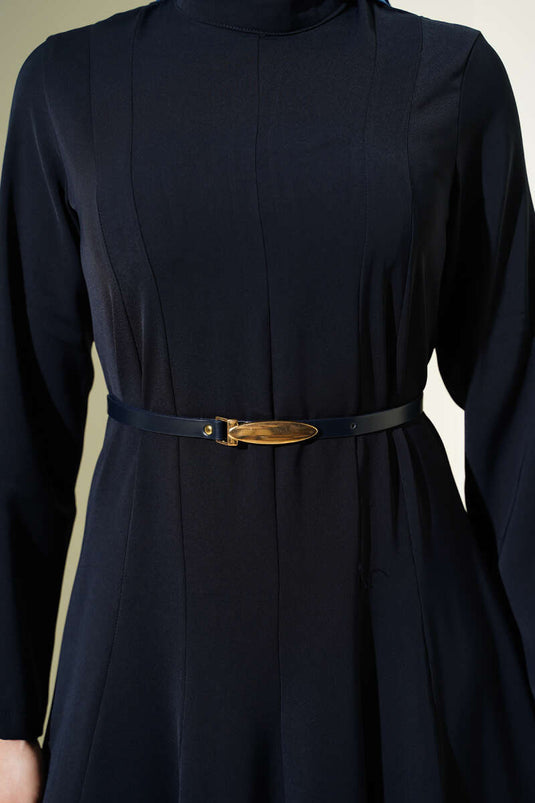 Hakim Collar Pleated Belted Dress Navy Blue