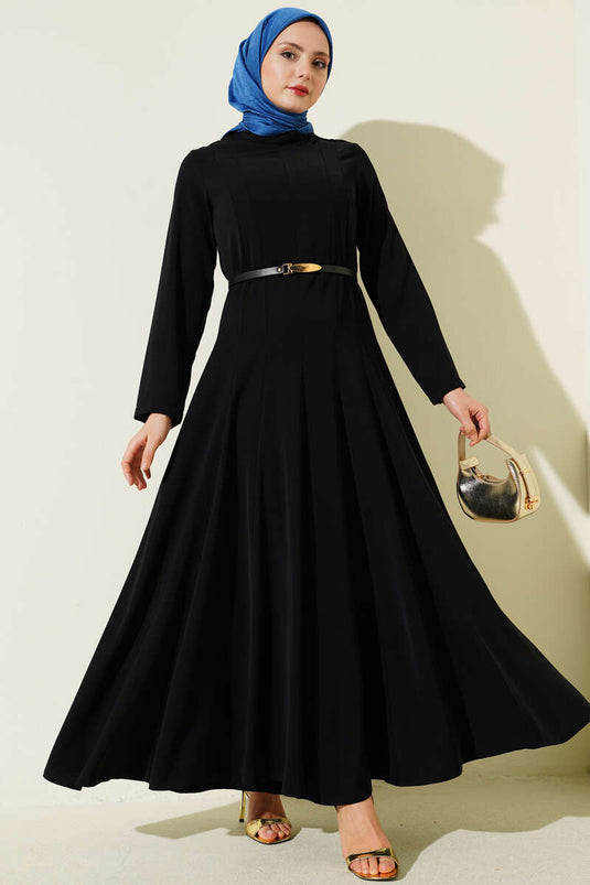 Hakim Collar Pleated Belted Dress Black