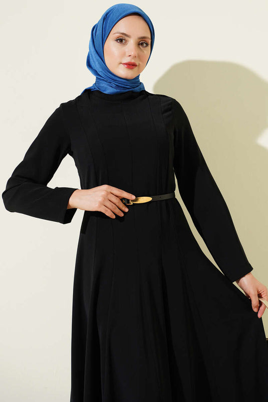 Hakim Collar Pleated Belted Dress Black