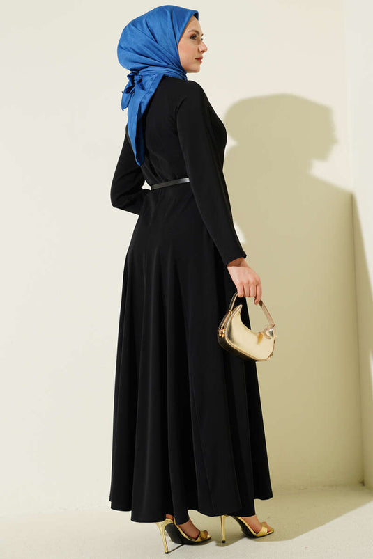 Hakim Collar Pleated Belted Dress Black