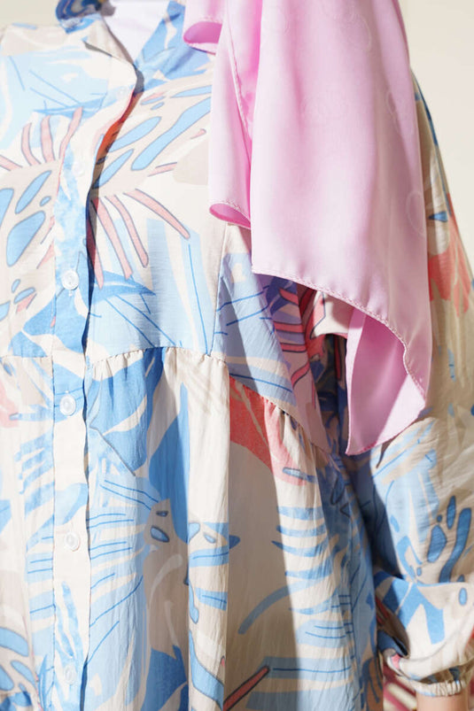 Robe à col mao et motifs tropicaux indigo