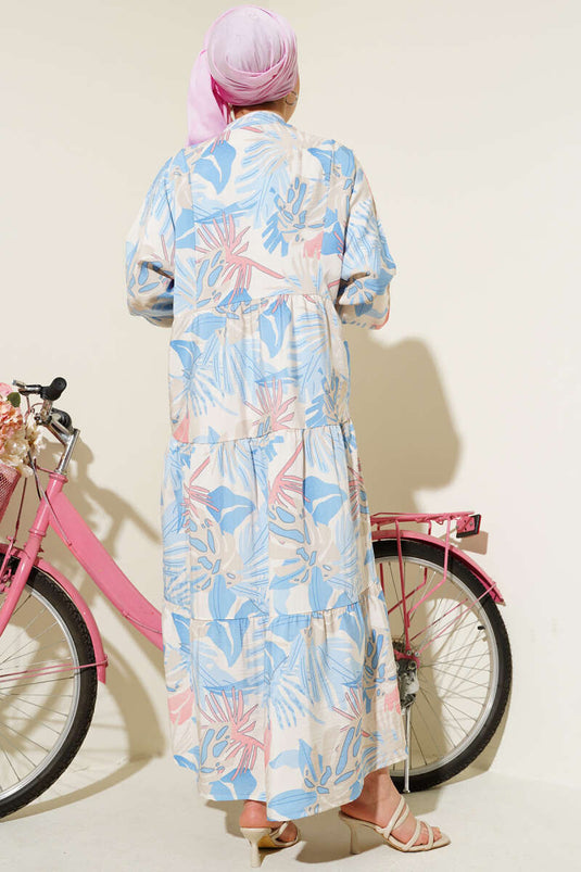 Robe à col mao et motifs tropicaux indigo