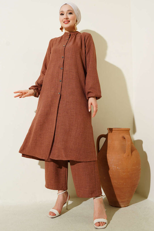 Costume deux pièces tunique longue à col mandarin marron