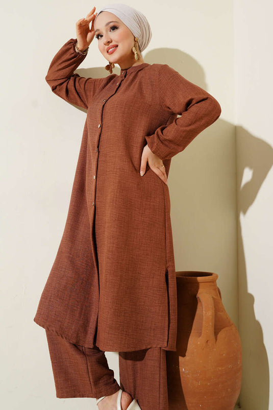 Costume deux pièces tunique longue à col mandarin marron