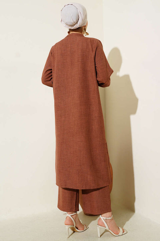 Costume deux pièces tunique longue à col mandarin marron