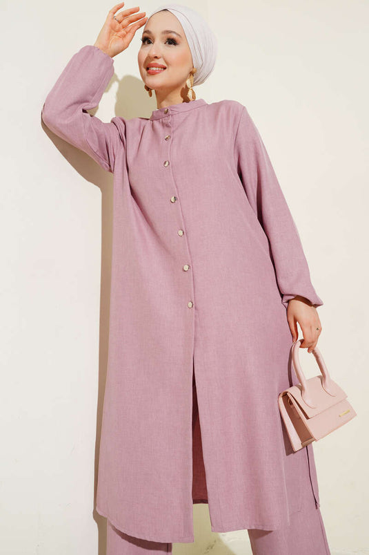 Ensemble deux pièces tunique longue à col grand-père Poudre