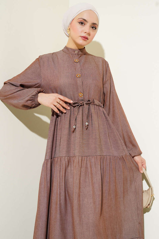 Robe col mao boutonnée mi-longue marron