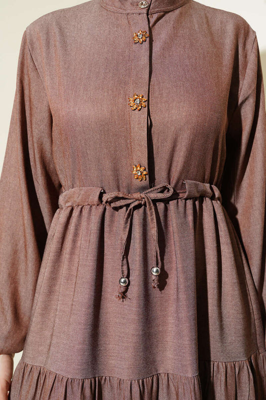Half Buttoned Dress with Grandad Collar Brown
