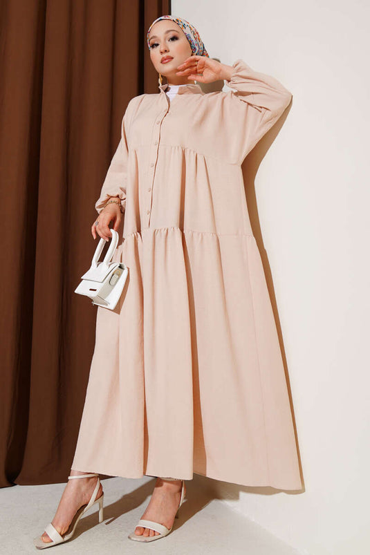 Mandarin Collar Half-Button Buttoned Placket Dress Beige