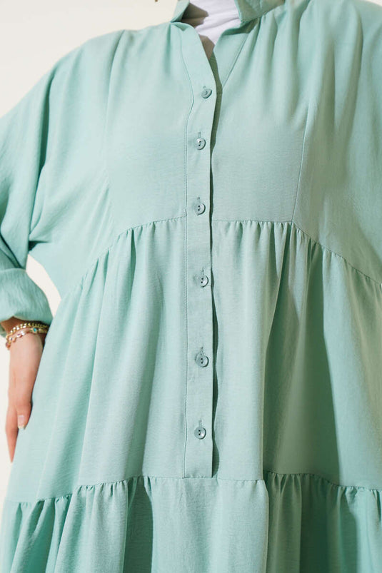 Mandarin Collar Half-Button Buttoned Placket Dress in Sage Green