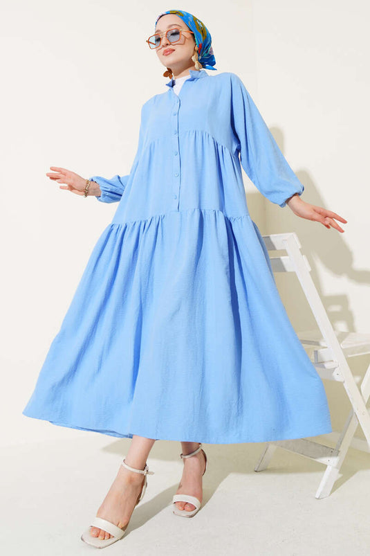 Mandarin Collar Half-Button Buttoned Dress Blue