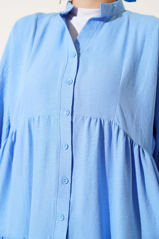 Mandarin Collar Half-Button Buttoned Dress Blue